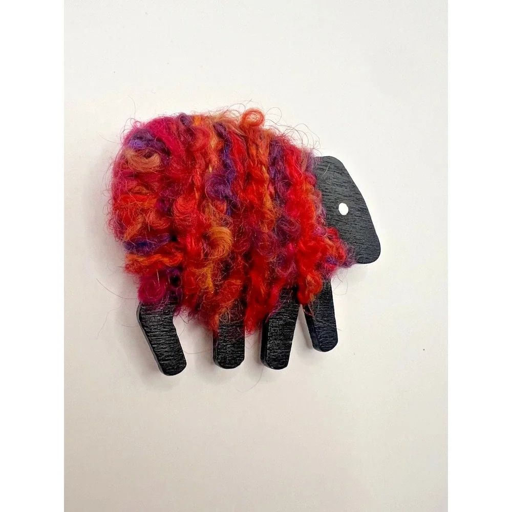 Handmade Black Sheep Brooch Textile Wool Fiber Wood Statement Pin Folk Art 2.75